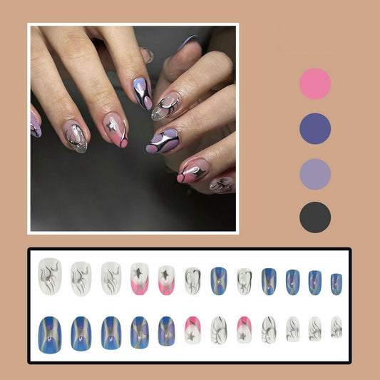 Summer Press On Nails Medium Almond Nude Pink Silver Star Rhinestones 24 Pc
