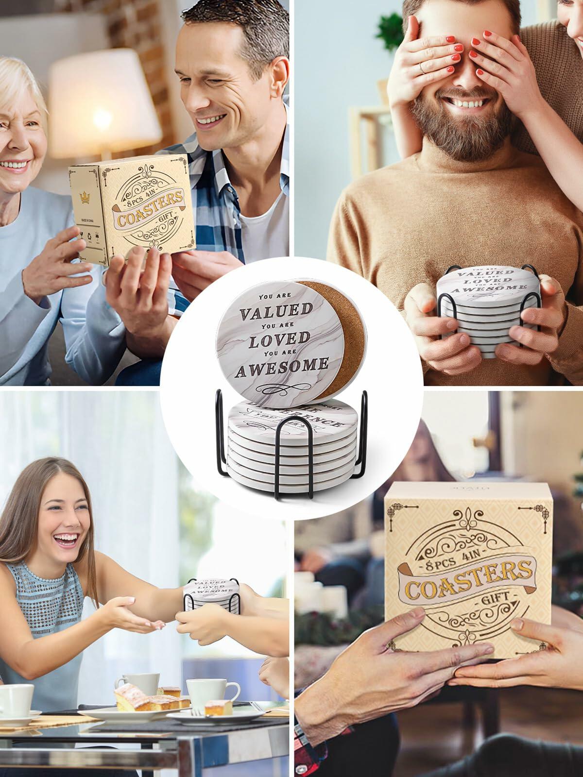 White Elephant Marble Ceramic Drink Coasters Set of 8 with Holder