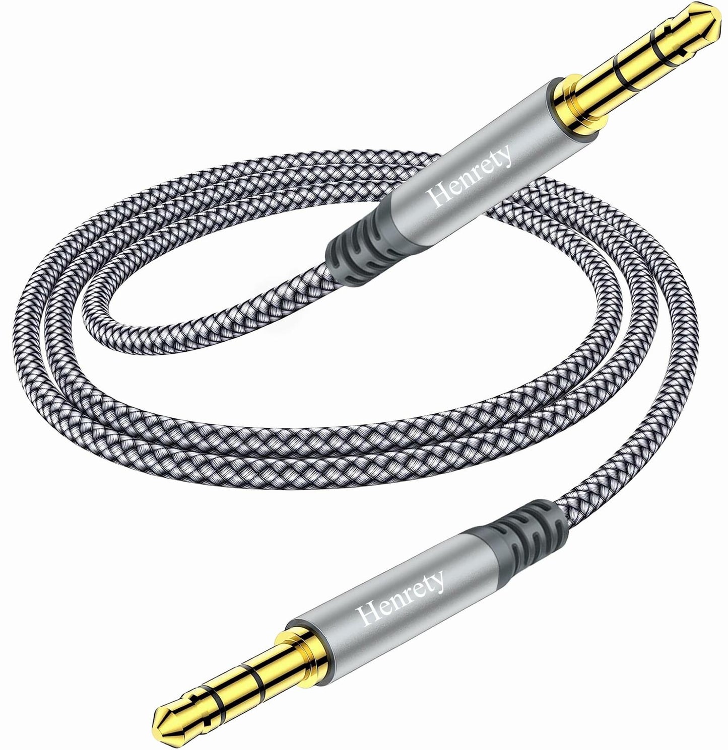 Henrety 3.5mm Nylon Braided Aux Cable 6.5ft Male to Male Gray