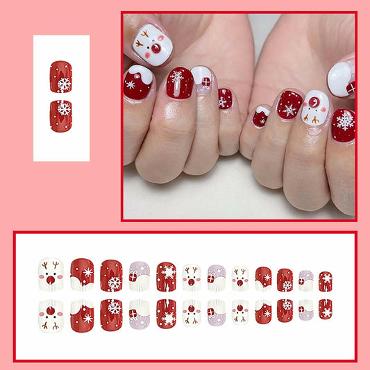 24 Pcs Christmas Press On Nails Short Square Red Acrylic False Nails