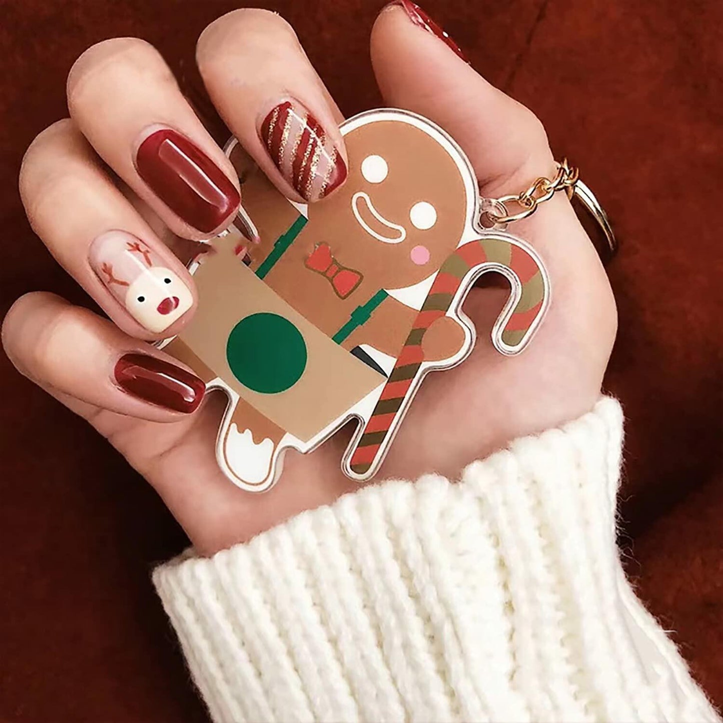 Christmas Acrylic Press On Nails Short Square Red Full Cover Cute Elk Glitter