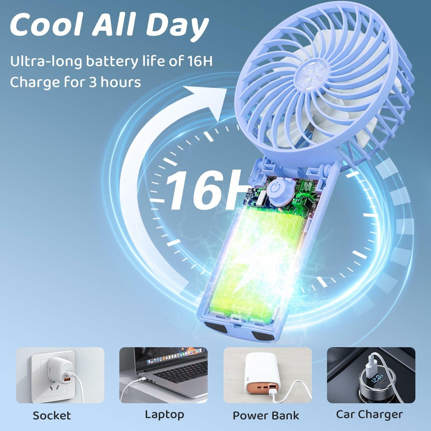 udodik Portable Handheld Fan Rechargeable 4 Speeds Light Blue