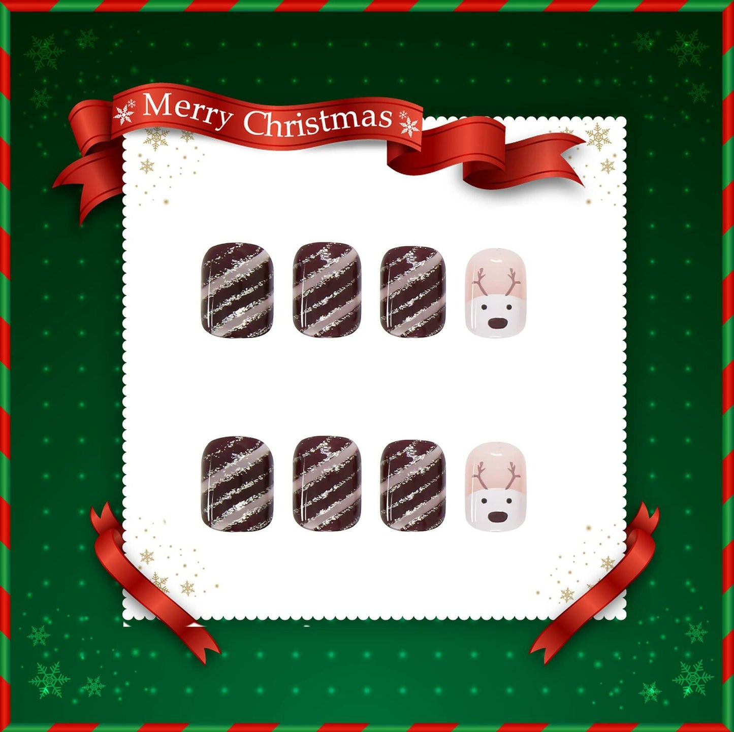 Christmas Acrylic Press On Nails Short Square Red Full Cover Cute Elk Glitter
