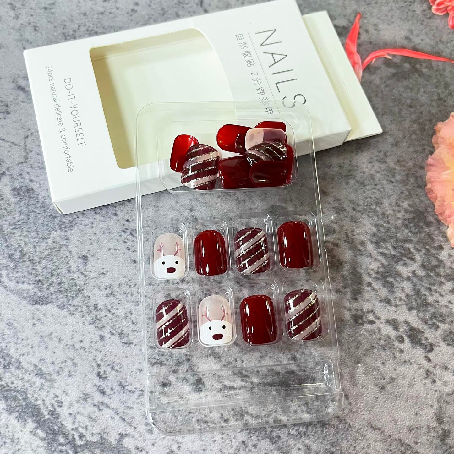 Christmas Acrylic Press On Nails Short Square Red Full Cover Cute Elk Glitter