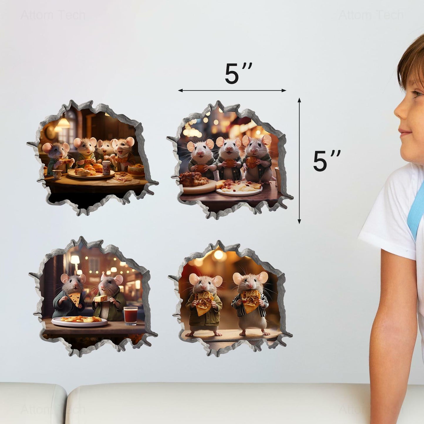 NiArt 3D Mouse Hole Wall Decals 5x5in Vinyl Stickers 4-Pack Playful Decor