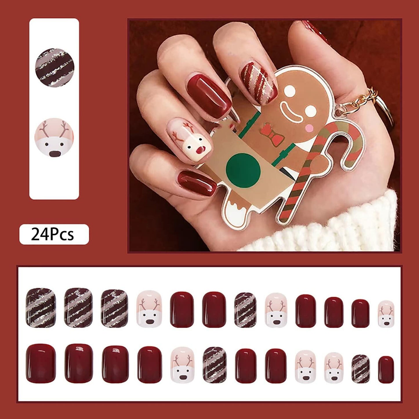 Christmas Acrylic Press On Nails Short Square Red Full Cover Cute Elk Glitter