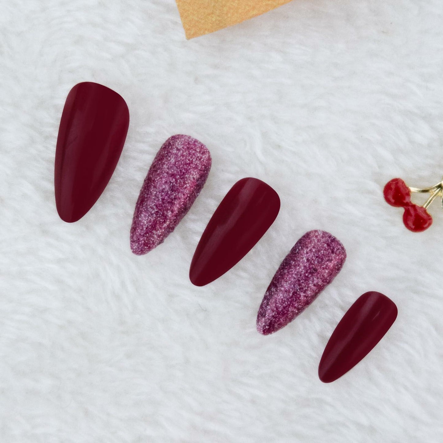 Yersunsy 24Pcs Almond Long Press On Nails Glitter Bling Wine Red