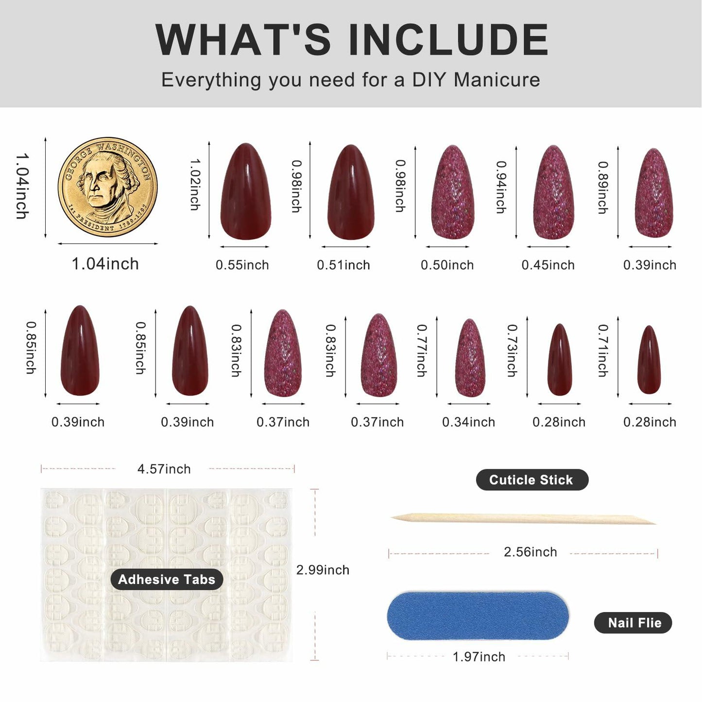 Yersunsy 24Pcs Almond Long Press On Nails Glitter Bling Wine Red