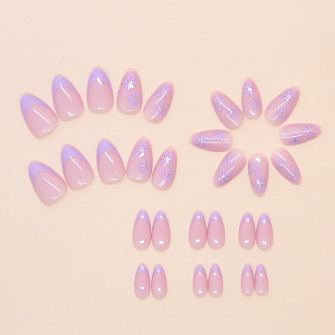 Press On Nails Purple Flower Design Fake Nail Art Manicure 30 Pcs