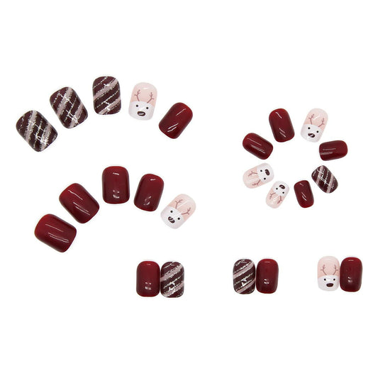 Christmas Acrylic Press On Nails Short Square Red Full Cover Cute Elk Glitter