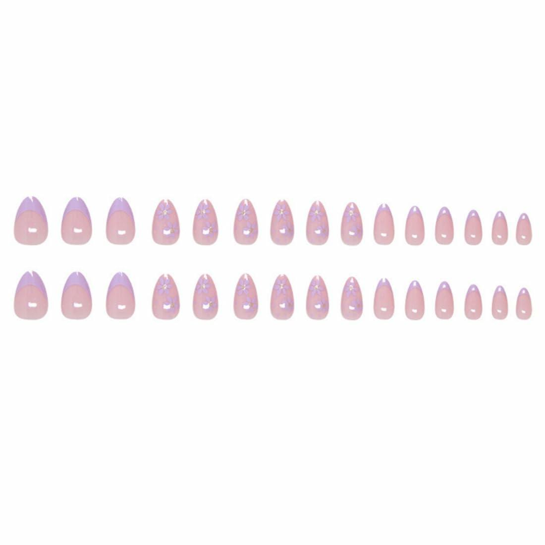 Press On Nails Purple Flower Design Fake Nail Art Manicure 30 Pcs