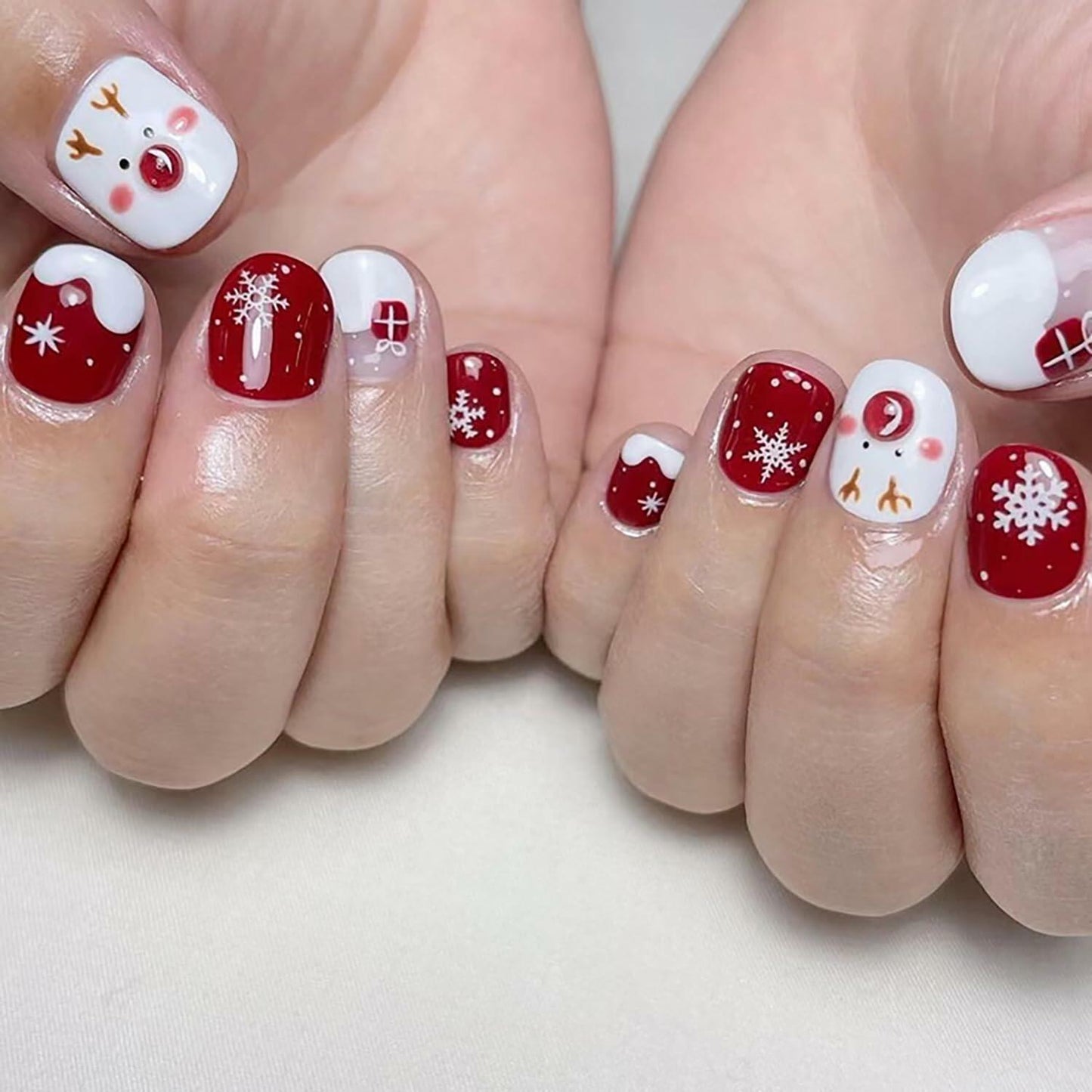 24 Pcs Christmas Press On Nails Short Square Red Acrylic False Nails