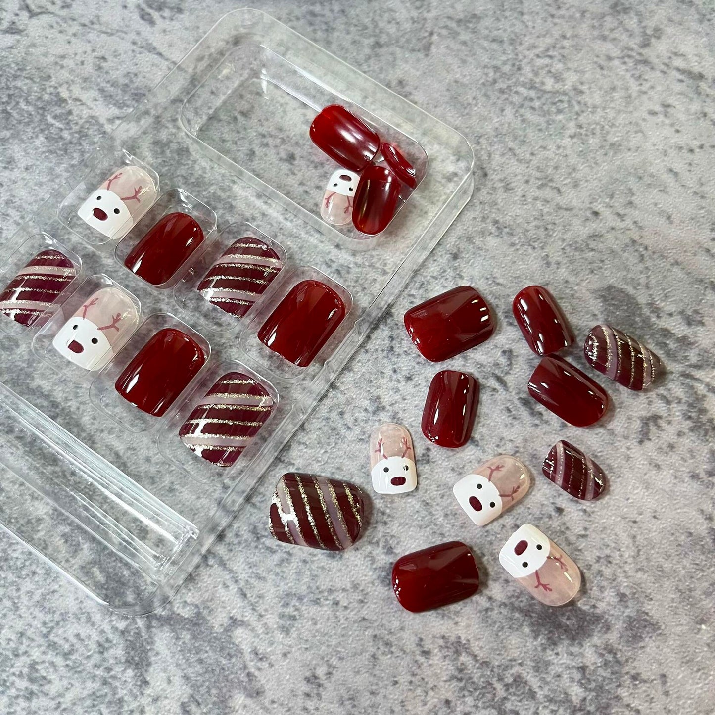 Christmas Acrylic Press On Nails Short Square Red Full Cover Cute Elk Glitter
