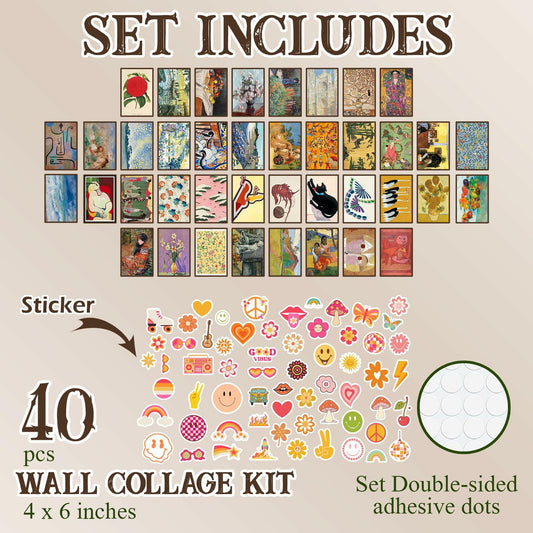 365DoRoTeYa Vintage Eclectic Wall Art Prints 40PCS Colorful Maximalist Decor