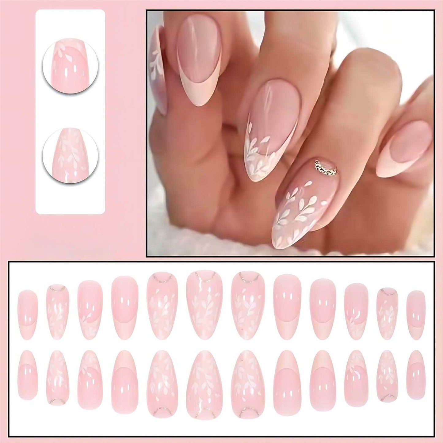 RUOKEXIN Pink Press On Nails Medium Almond French White Tip Glitter Leaves