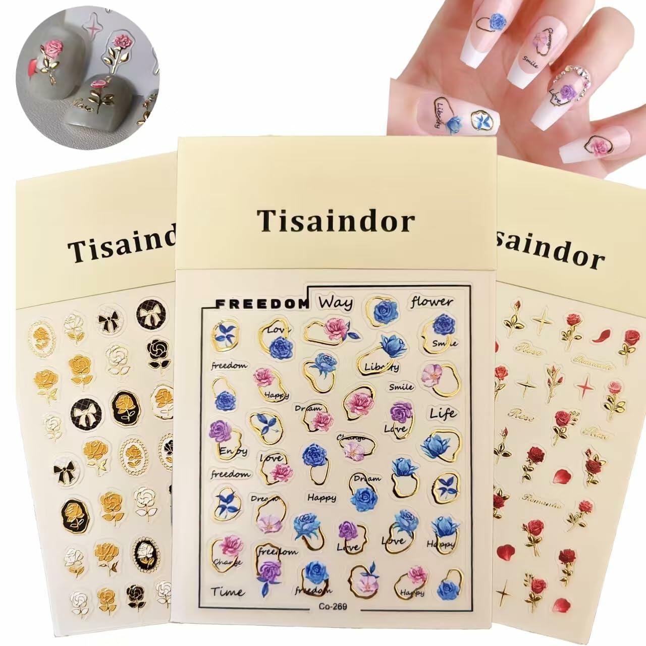 Tisaindor 5D Embossed Flower Nail Art Stickers 3 Sheets Rose Colorful