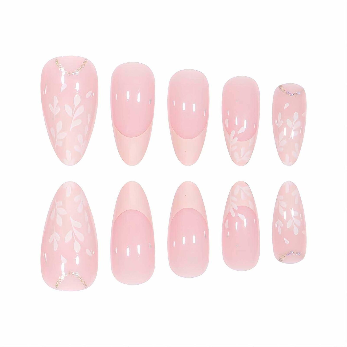RUOKEXIN Pink Press On Nails Medium Almond French White Tip Glitter Leaves