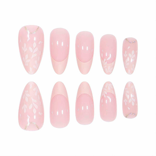 RUOKEXIN Pink Press On Nails Medium Almond French White Tip Glitter Leaves