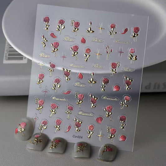 Tisaindor 5D Embossed Flower Nail Art Stickers 3 Sheets Rose Colorful