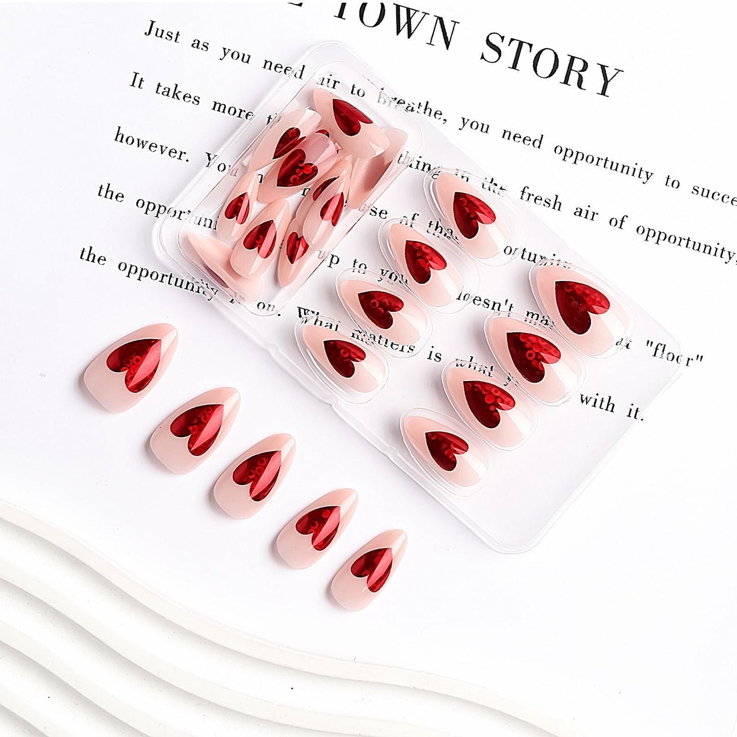 Valentine's Day Press On Nails Red French Tip Heart Design 24PCS Medium Size