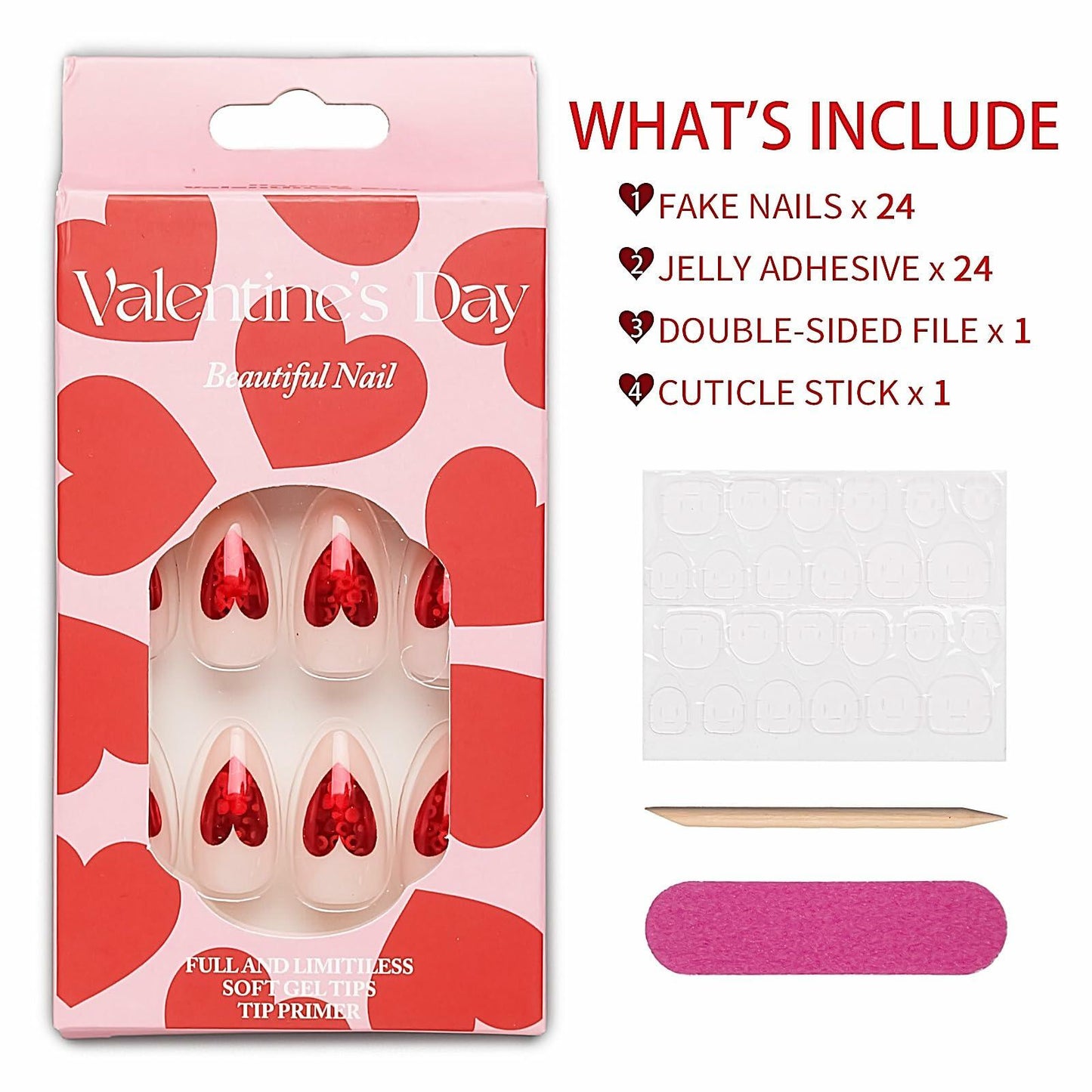 Valentine's Day Press On Nails Red French Tip Heart Design 24PCS Medium Size