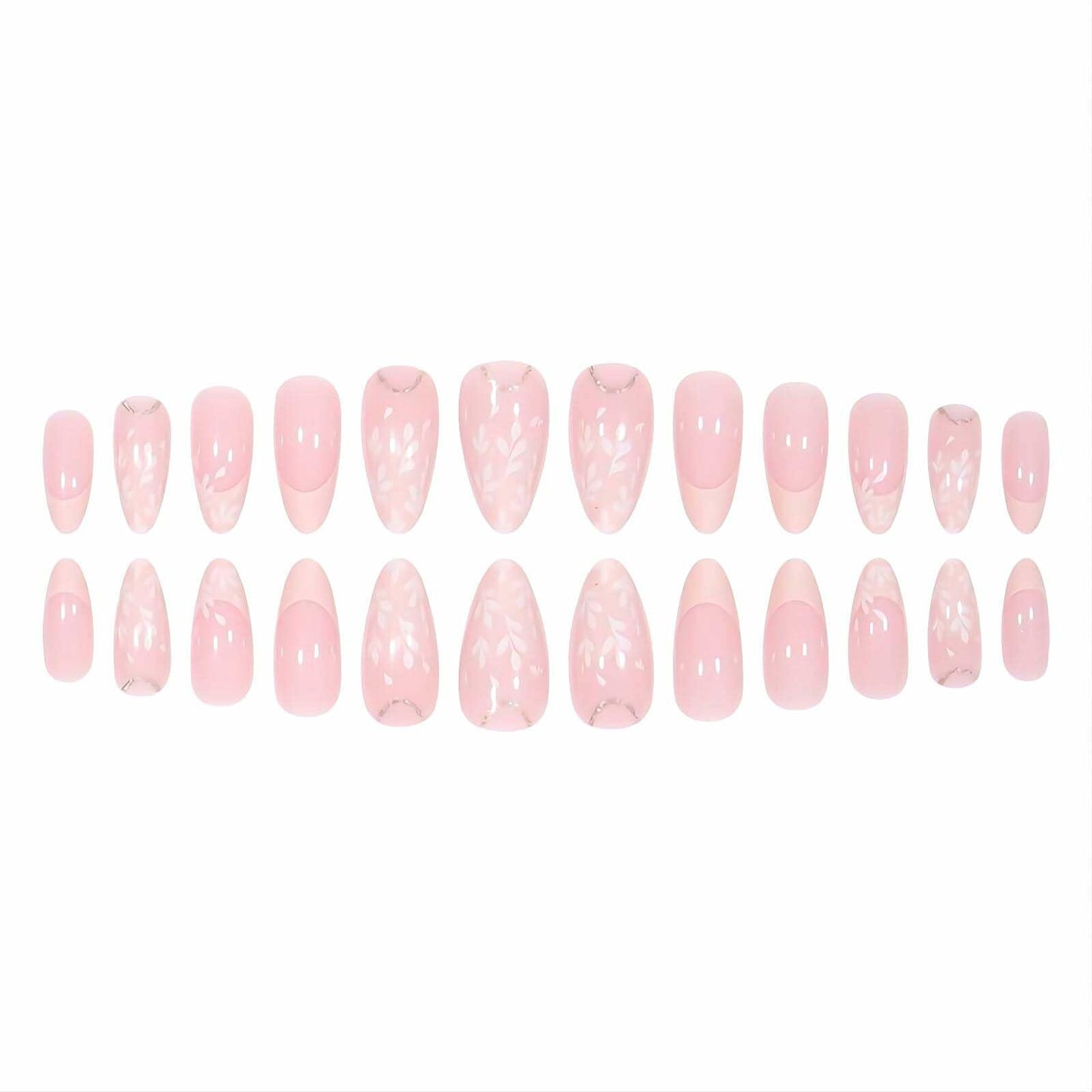 RUOKEXIN Pink Press On Nails Medium Almond French White Tip Glitter Leaves