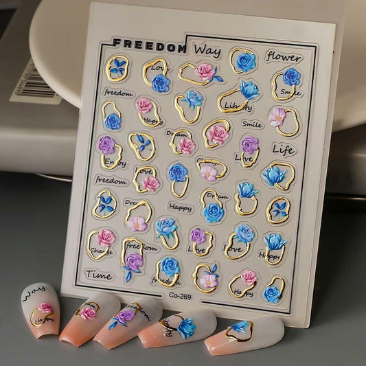 Tisaindor 5D Embossed Flower Nail Art Stickers 3 Sheets Rose Colorful