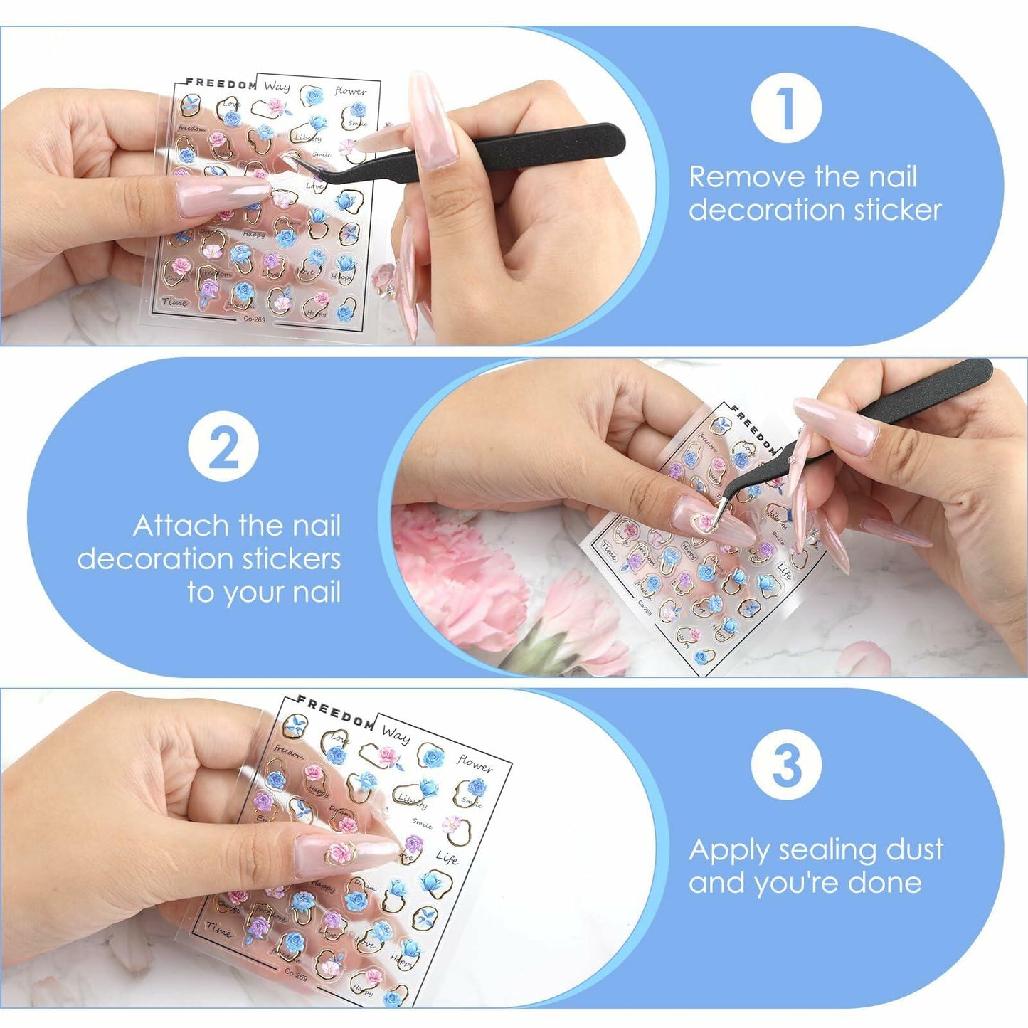 Tisaindor 5D Embossed Flower Nail Art Stickers 3 Sheets Rose Colorful