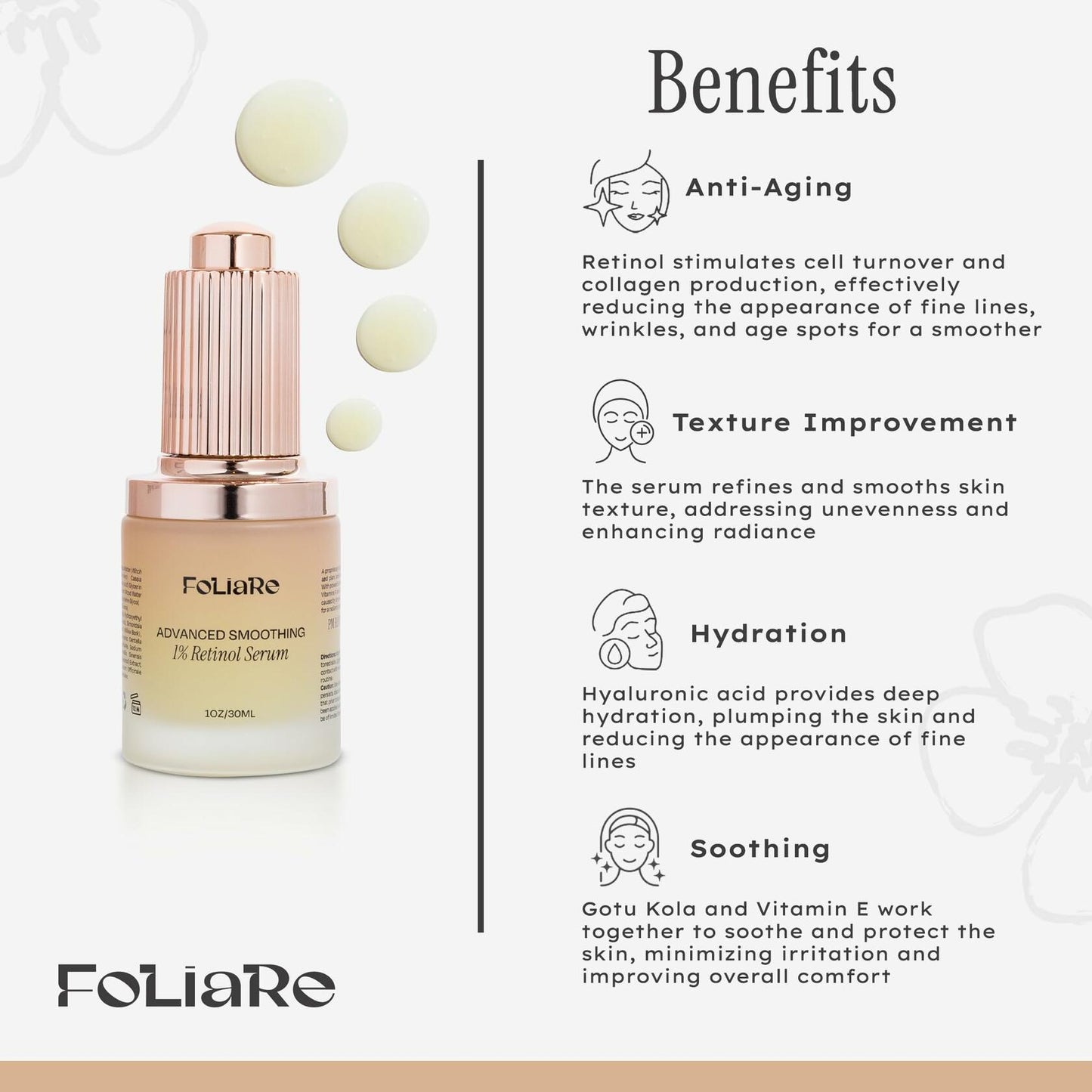 Foliare Retinol 1% Face Serum Hyaluronic Acid Organic Green Tea 1 fl oz