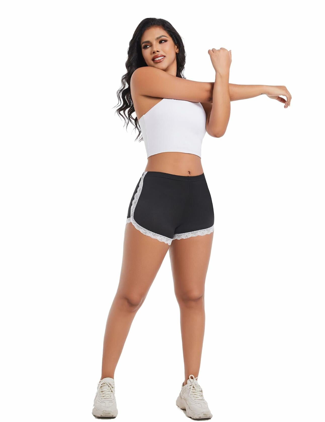 Aesphelia Sexy Lace Trim Anti-Chafing Shorts Black Size M