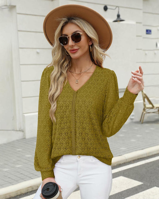 Timeson Women's Lace Knit V Neck Long Sleeve Shirt Green Size XL