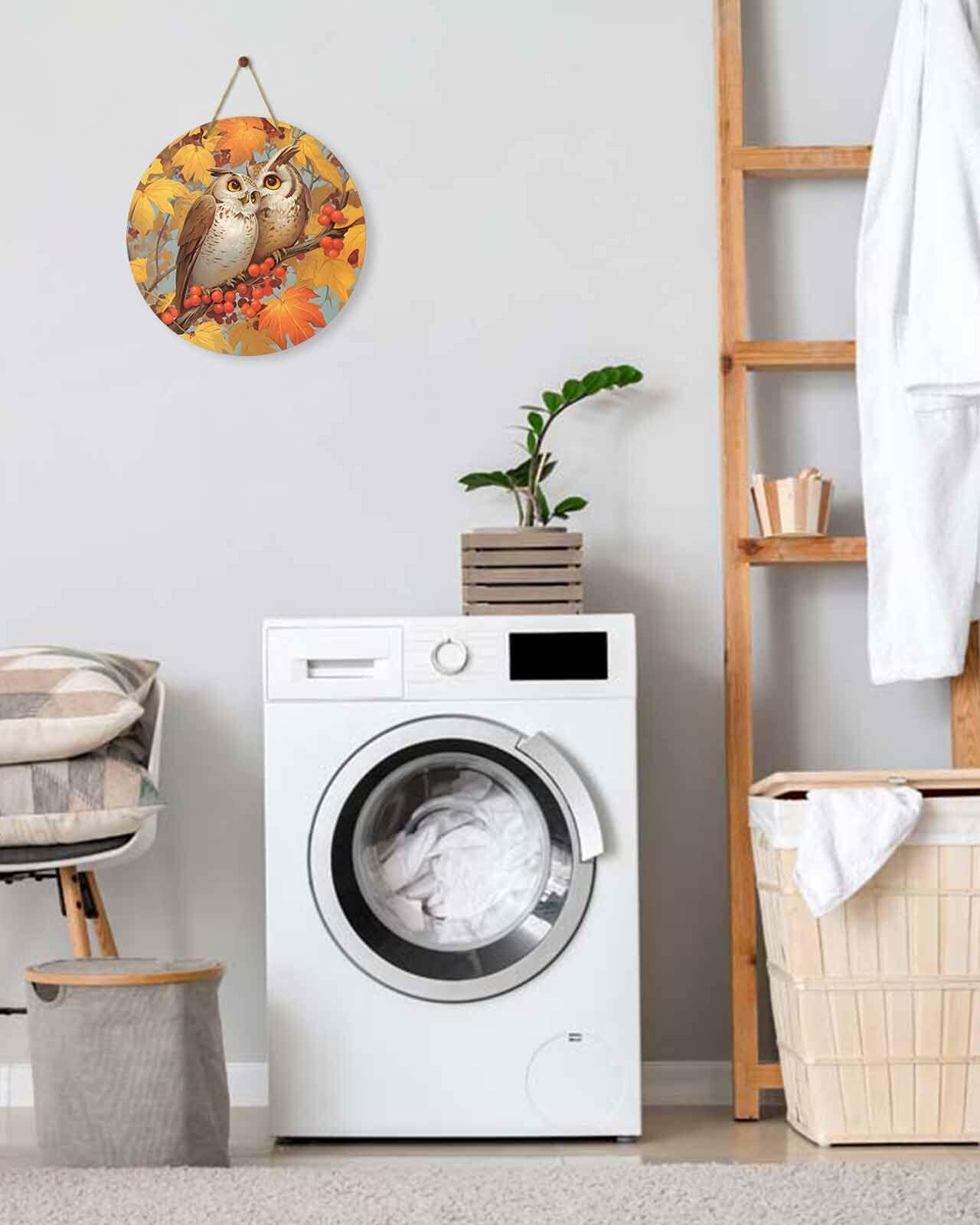 Amoxx Wooden Door Sign Owl Fall Wreath 10in Amber Orange Maple Leaves