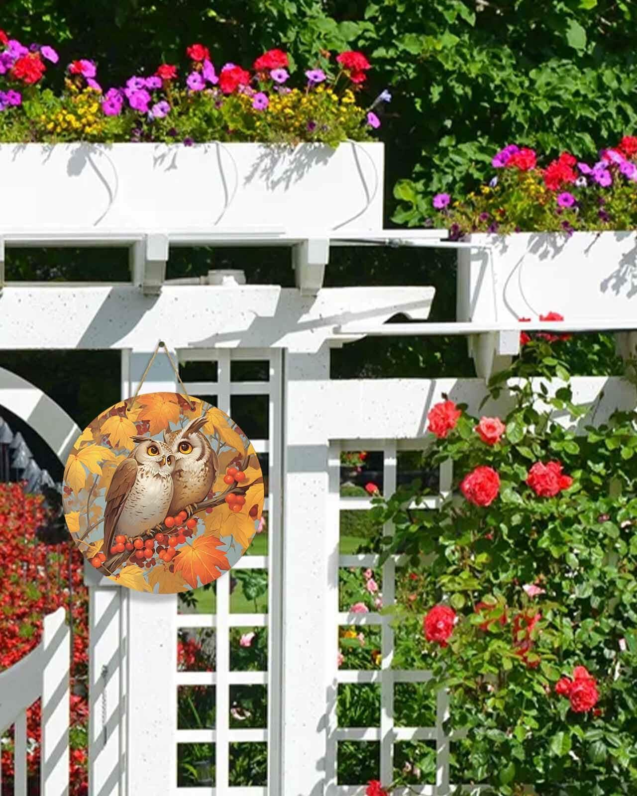 Amoxx Wooden Door Sign Owl Fall Wreath 10in Amber Orange Maple Leaves