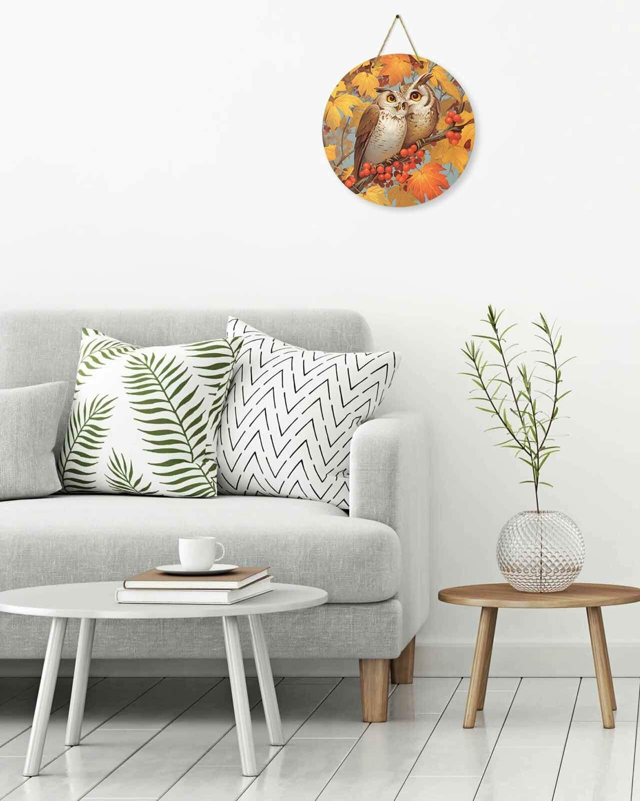 Amoxx Wooden Door Sign Owl Fall Wreath 10in Amber Orange Maple Leaves
