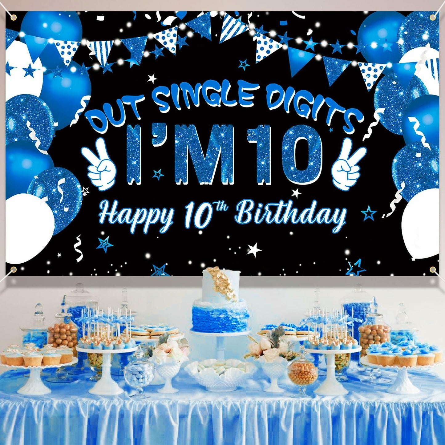 Ushinemi 10th Birthday Banner Boys Party Supplies 6x3.6ft Double Digits