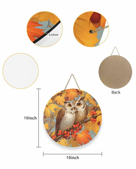 Amoxx Wooden Door Sign Owl Fall Wreath 10in Amber Orange Maple Leaves