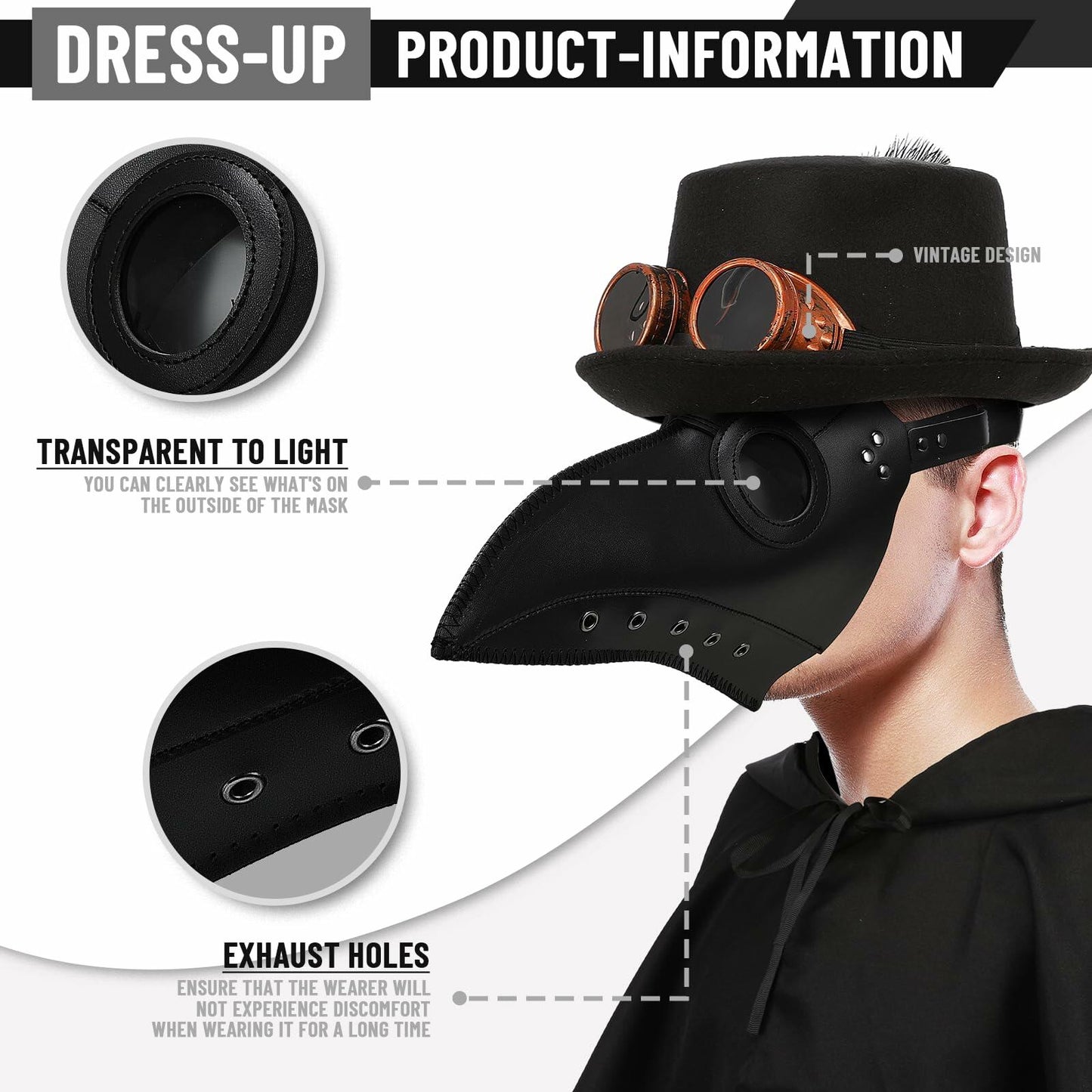 rericonq Plague Doctor Mask Cloak Hat 3Pcs Steampunk Costume Adult