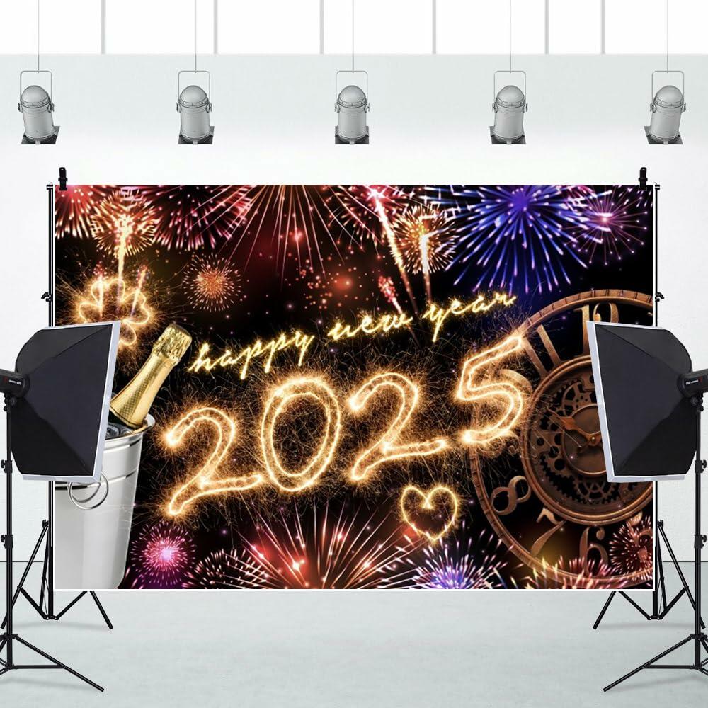 New Year 2025 Backdrop 10x8ft Champagne Clock Firework Photo Booth