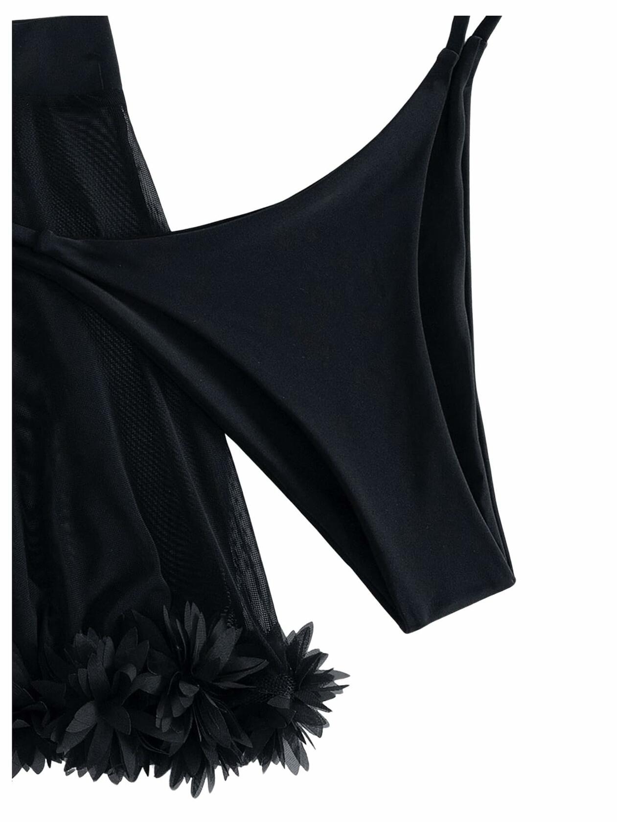 OYOANGLE Women's 3-Piece Halter Triangle Bikini Swimsuit Mesh Skirt Black M