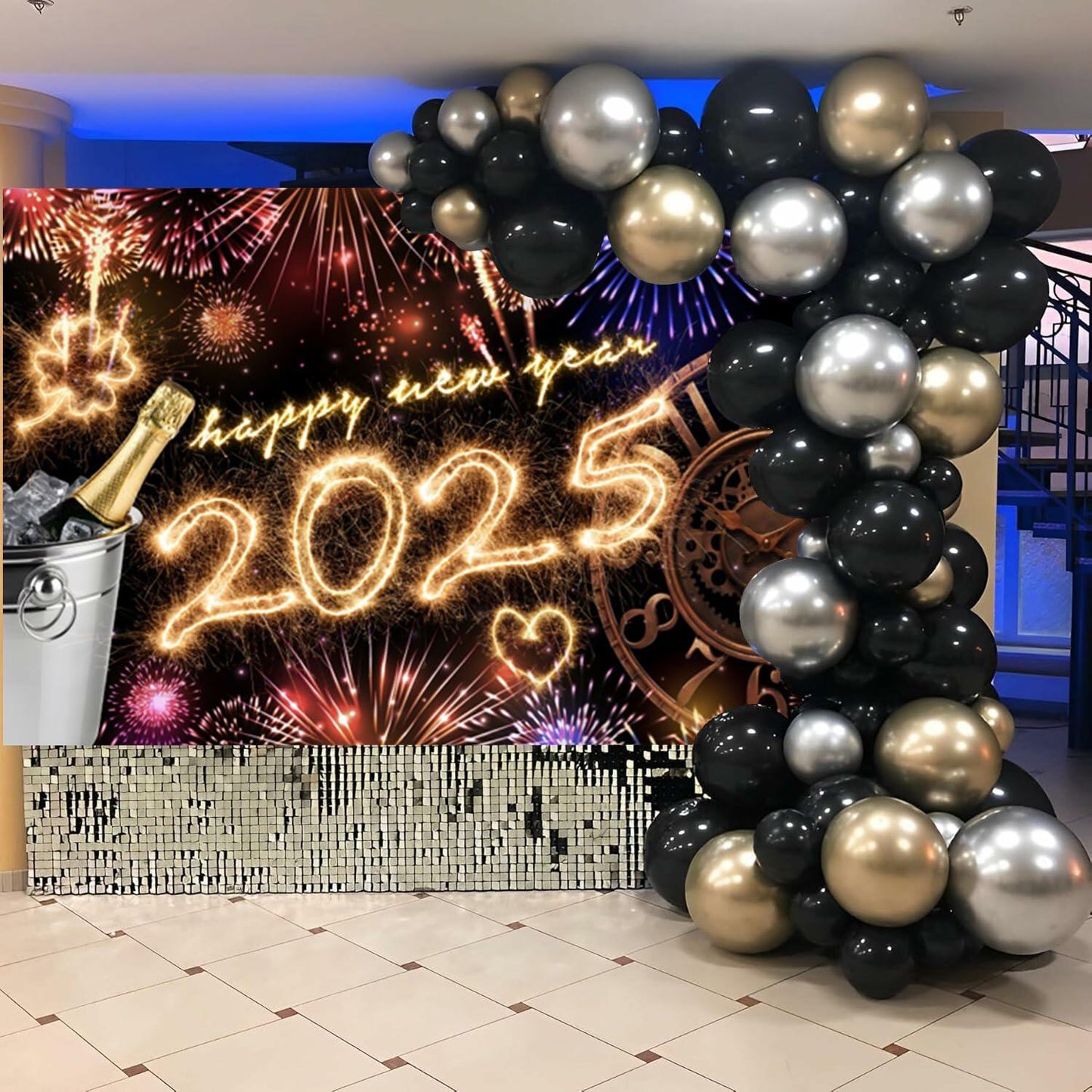 New Year 2025 Backdrop 10x8ft Champagne Clock Firework Photo Booth