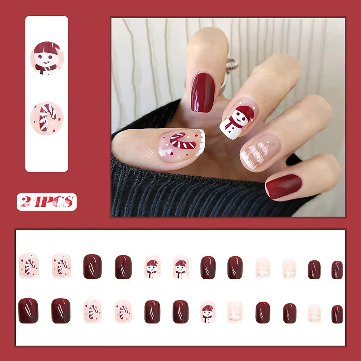 Christmas Press On Nails Red Gold Snowflake Short Acrylic Square Set