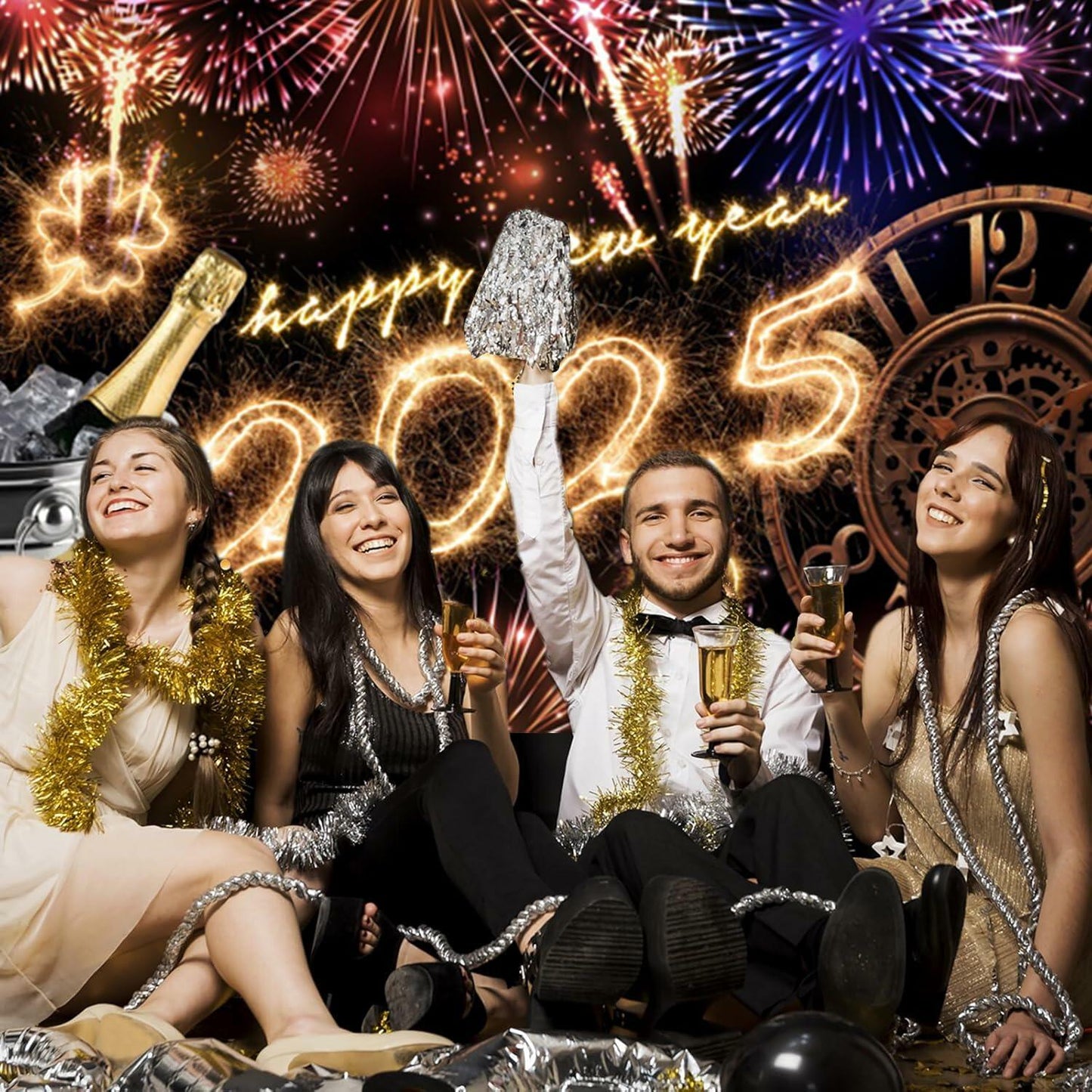 New Year 2025 Backdrop 10x8ft Champagne Clock Firework Photo Booth