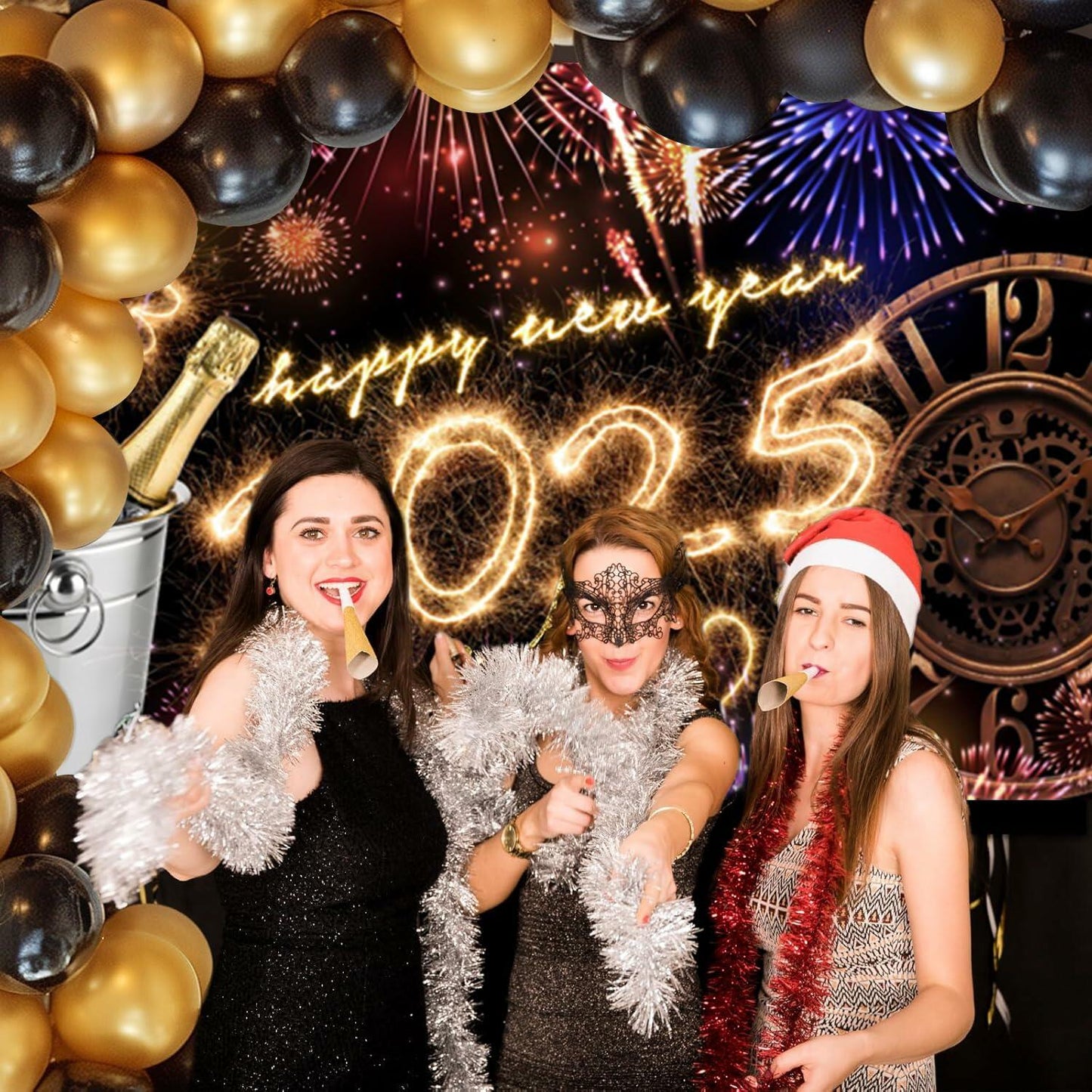 New Year 2025 Backdrop 10x8ft Champagne Clock Firework Photo Booth