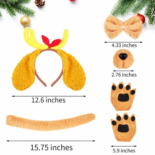 PAJXNJC Deer Antler Headband Set Dog Ears Nose Bow Tie Tail Gloves Yellow