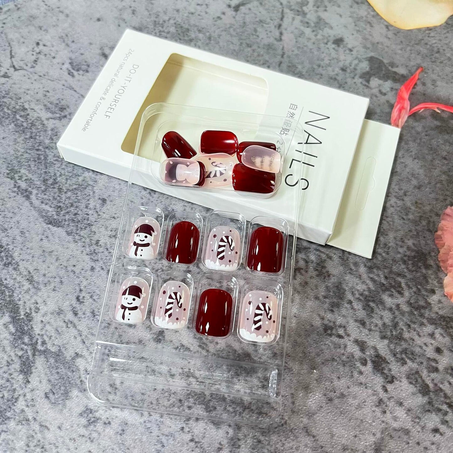 Christmas Press On Nails Red Gold Snowflake Short Acrylic Square Set
