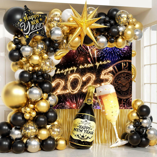 New Year 2025 Backdrop 10x8ft Champagne Clock Firework Photo Booth