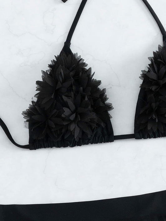 OYOANGLE Women's 3-Piece Halter Triangle Bikini Swimsuit Mesh Skirt Black M