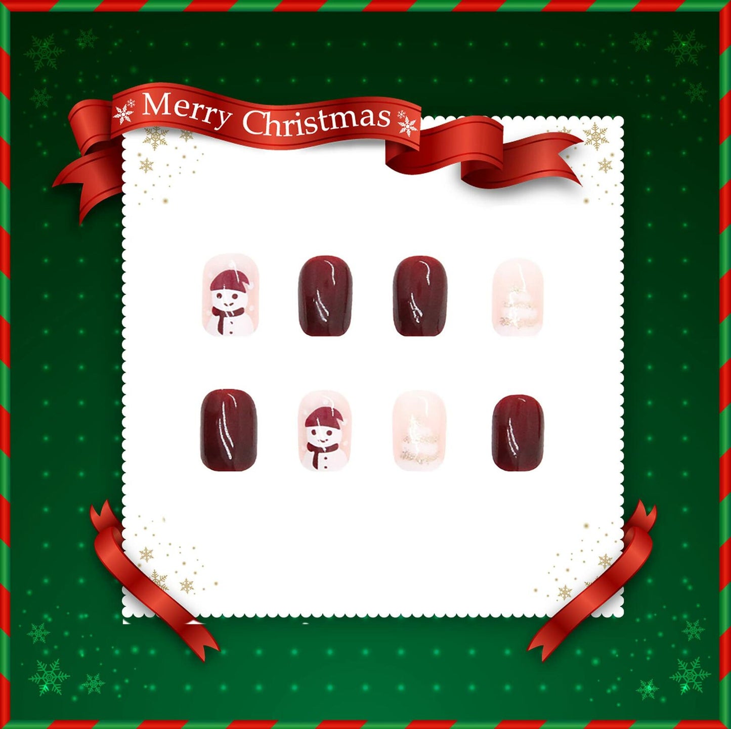 Christmas Press On Nails Red Gold Snowflake Short Acrylic Square Set