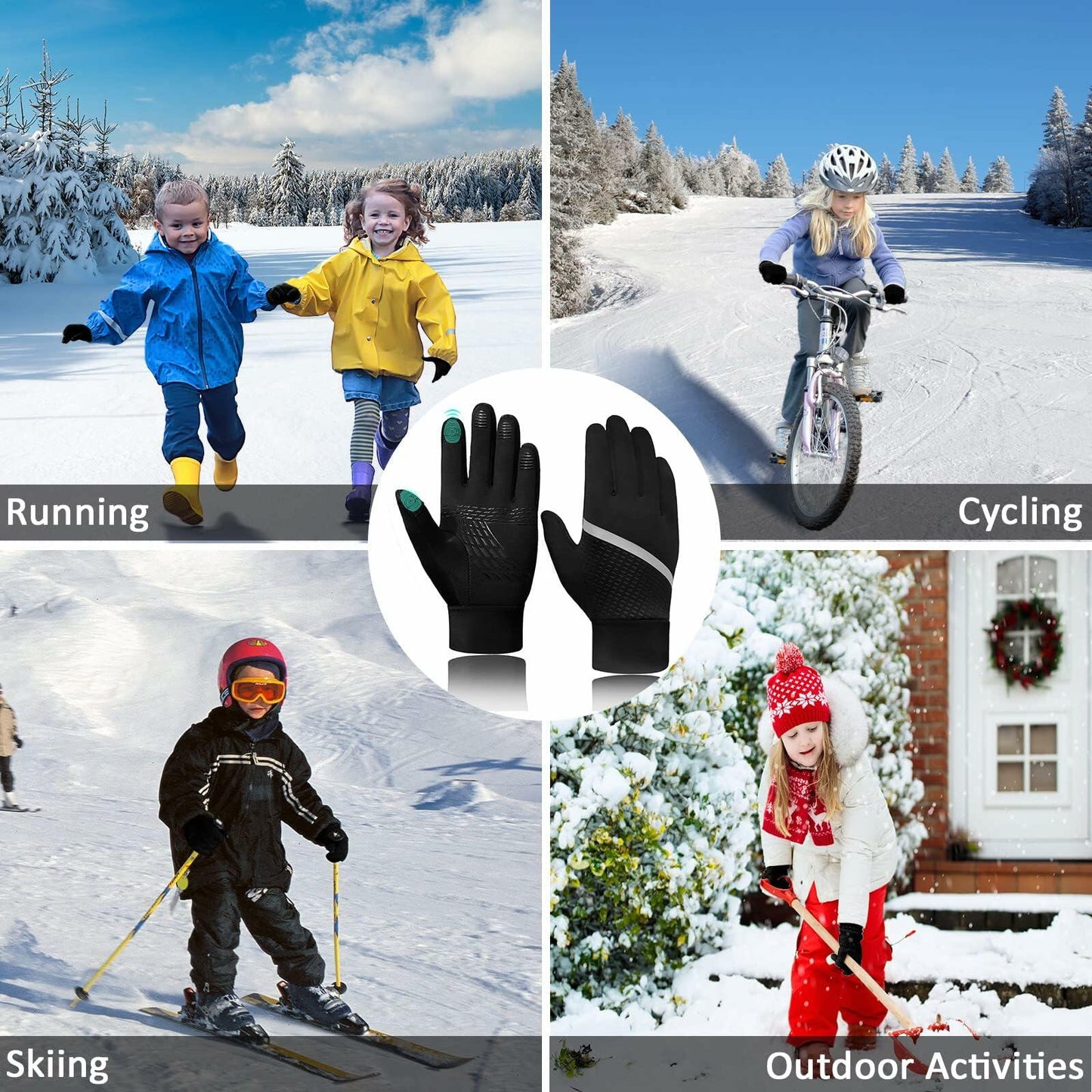 VigorGlove Kids Running Thermal Fleece Touch Screen Gloves Black Size S