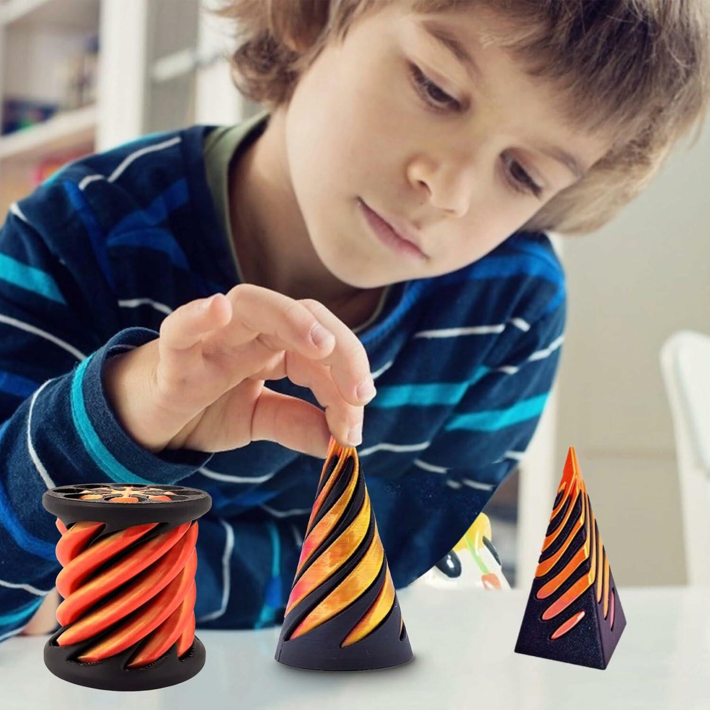 Spiral Fidget Toy Impossible Pyramid Passthrough Sculpture Red-Gold 3D Printed